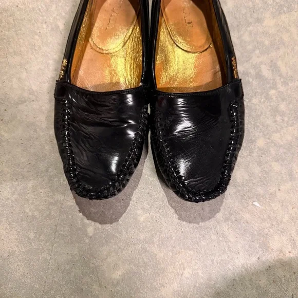 Prada Patent Leather Moccasin Driving Loafers Black Flats Gold Logo Designer 6.5 - Picture 3 of 9